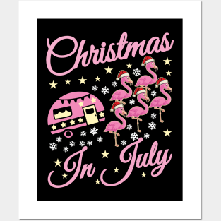 Christmas in July Flamingo Pink Funny Camping Camper Trailer Posters and Art